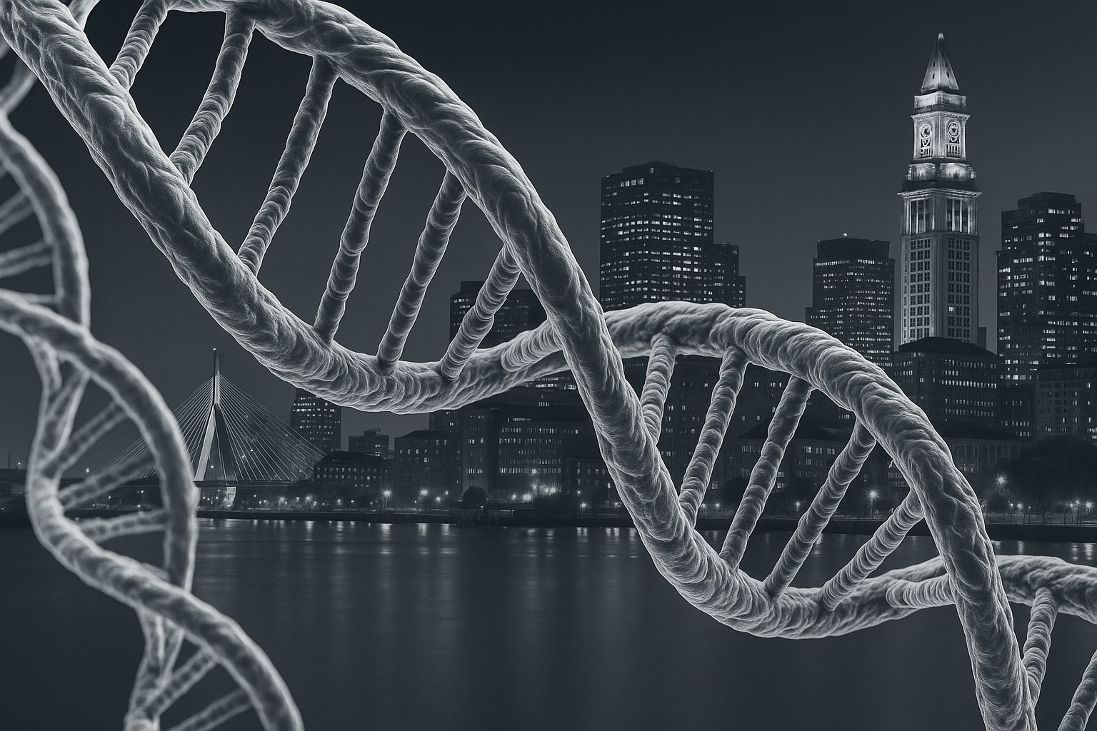 Latam BioBridge connecting Latin American life sciences startups with Boston’s biotech hub, symbolized by a DNA helix over the city skyline.